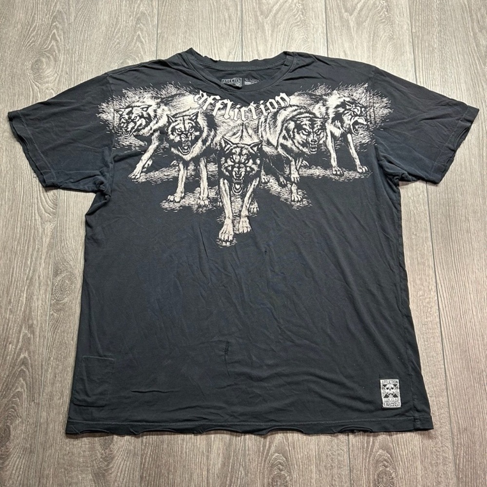 Affliction Mens 3XL Wolf Graphic T-Shirt Black Ten Year Anniversary Y2K MMA Tee